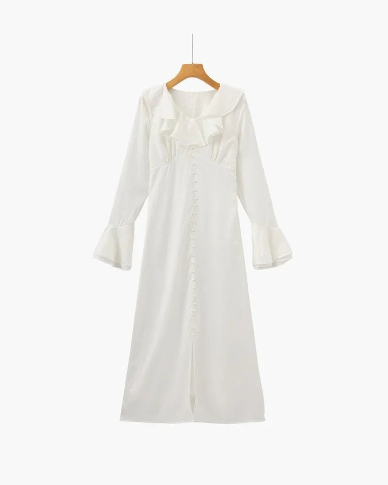 Pearl Button Ruffle Midi Dress - Belfaire & Co.