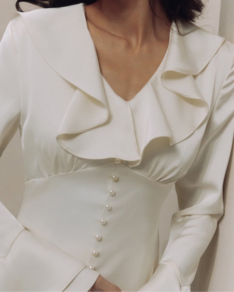 Pearl Button Ruffle Midi Dress - Belfaire & Co.