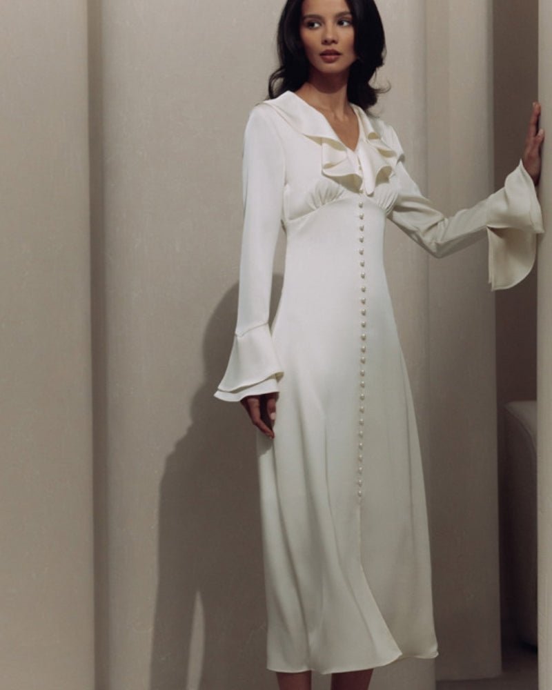 Pearl Button Ruffle Midi Dress - Belfaire & Co.